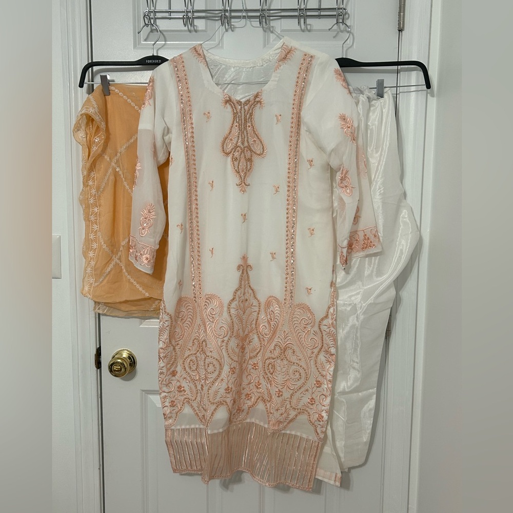 3 piece stitched Indian Pakistani suit with embellishments in peach and white